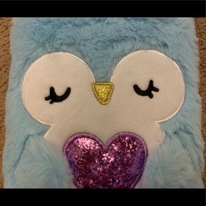 Rainbow Dreams Girls Blue Owl Fuzzy Journal Diary Notebook Purple Sequin Heart